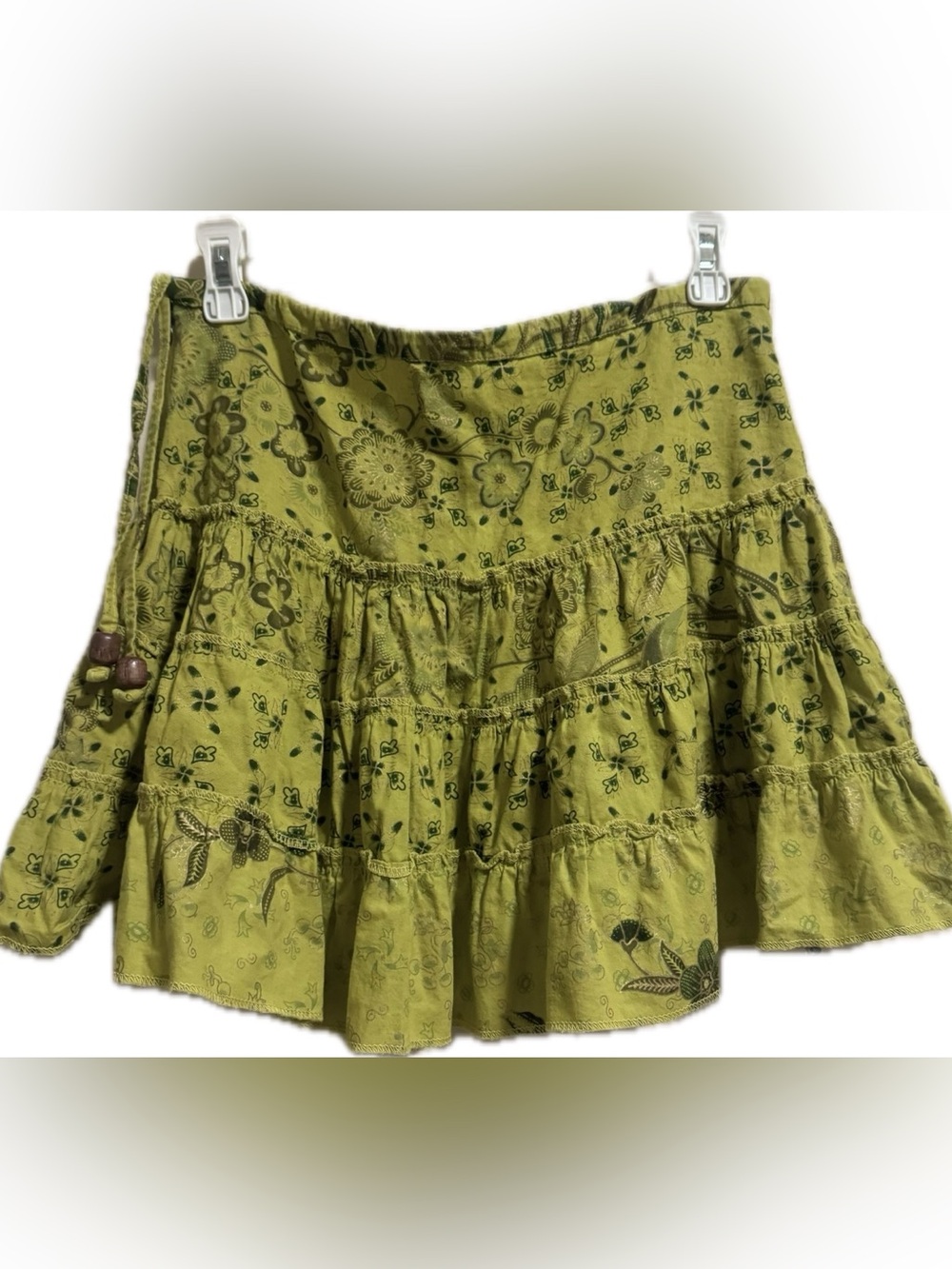 Jungle Imports Boho Olive Green Floral Tiered Skirt